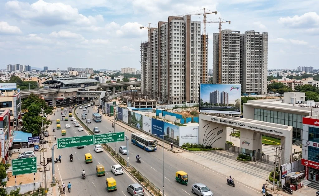Aerial view of the 33-acre Godrej Bannerghatta residential project featuring high-rise towers, a 6-acre forest zone, and a 65,000 sq ft clubhouse near Greenwood High School.